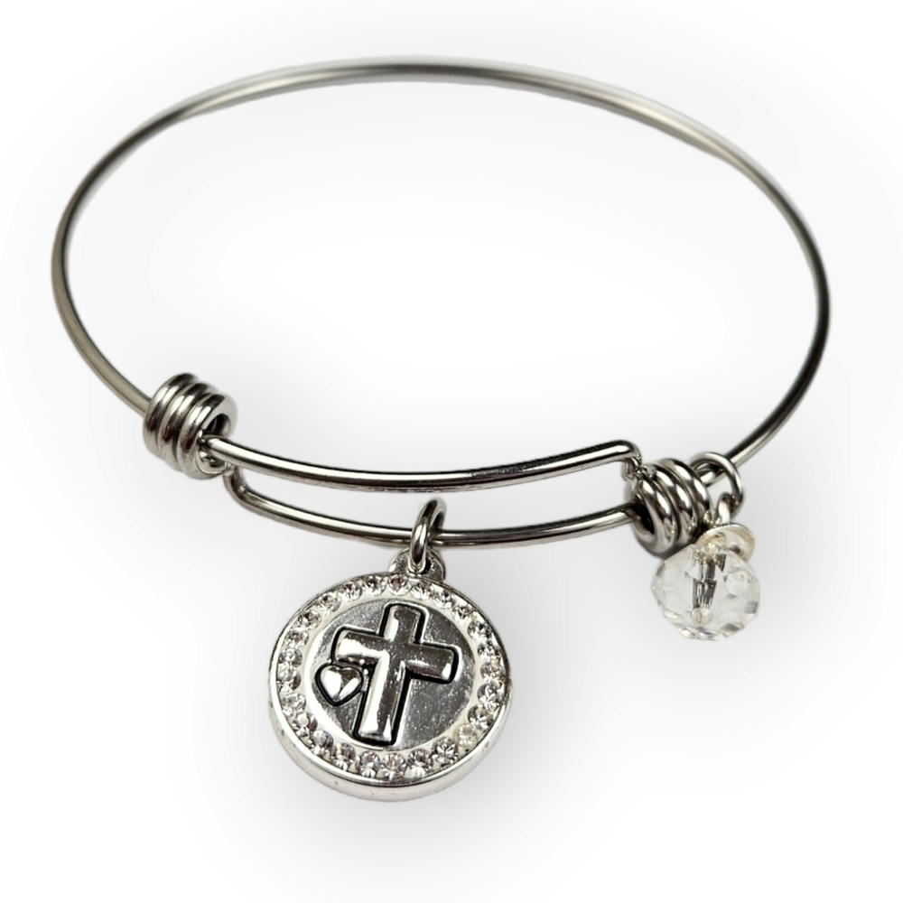 Christian Charm Bangle Bracelet Rhinestone Cross Faith Hope Love Silver Tone